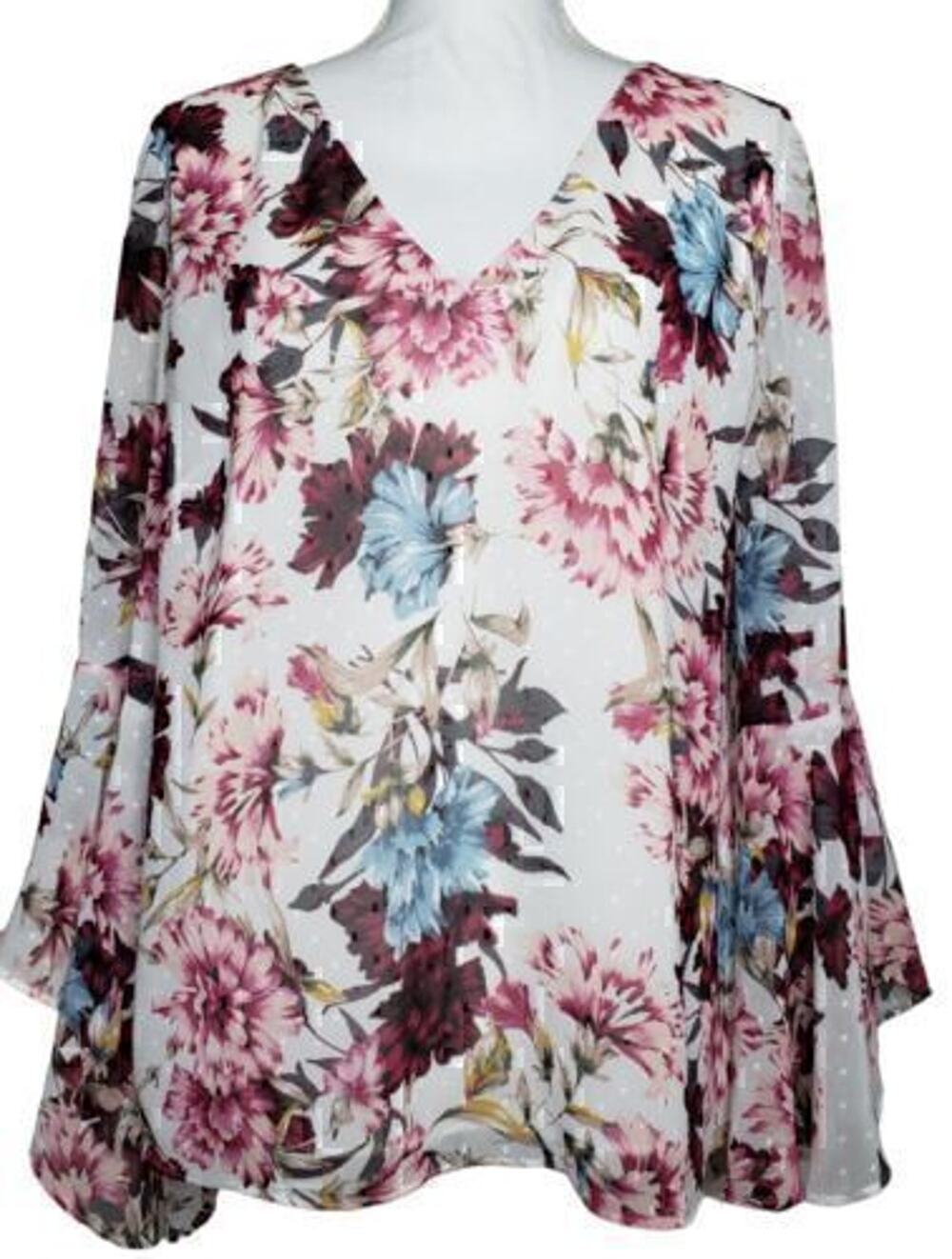 White House Black Market Top Blouse Drape-back Ecru Rosewood Floral Print Sz 14